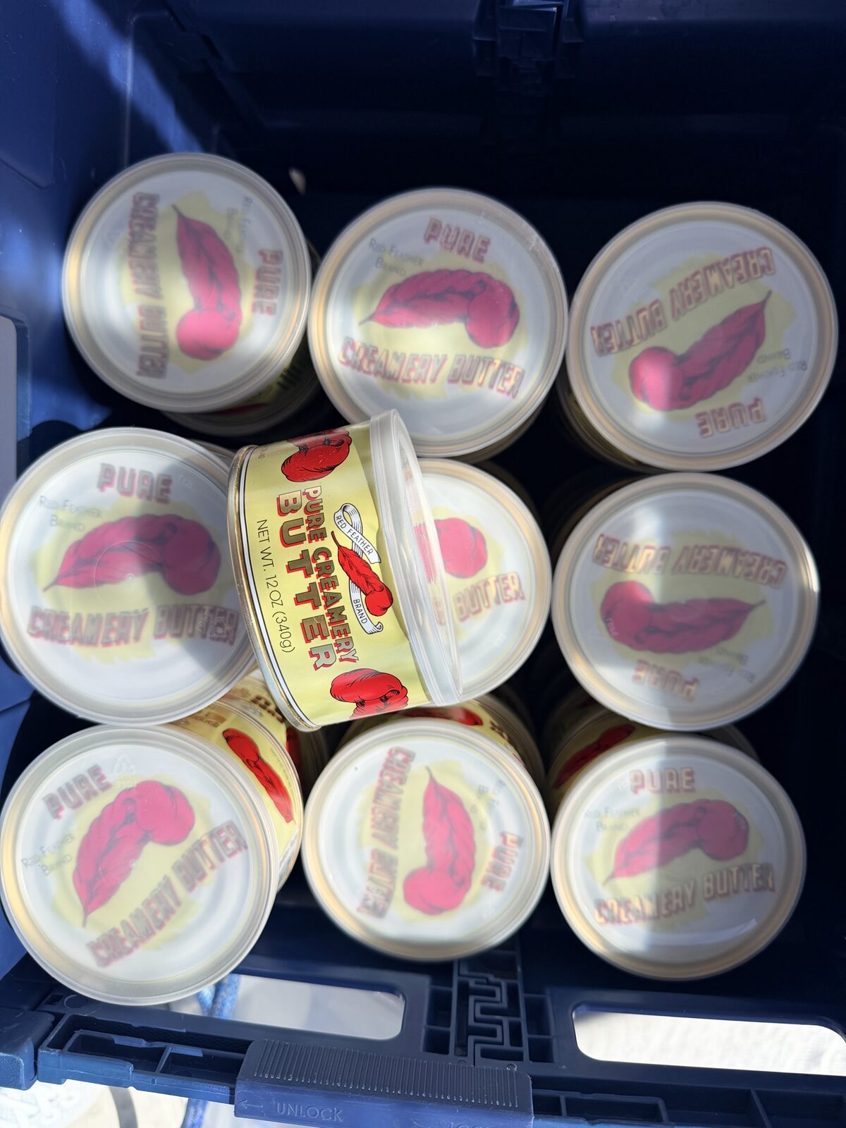 Cans of Red Feather butter stowed for the voyage