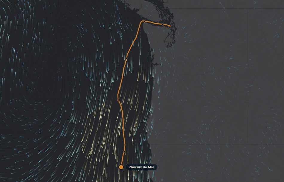 Race map: Phoenix do Mar's track and Alruna at the start line over live wind